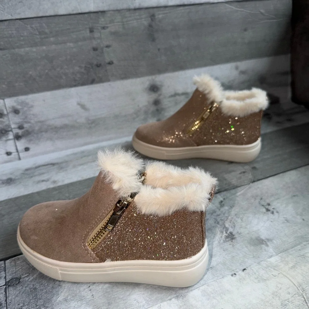 Maggie & Zoe Kids Girls Rose Gold Glitter Faux Fur Trim Ankle Boots Size 9